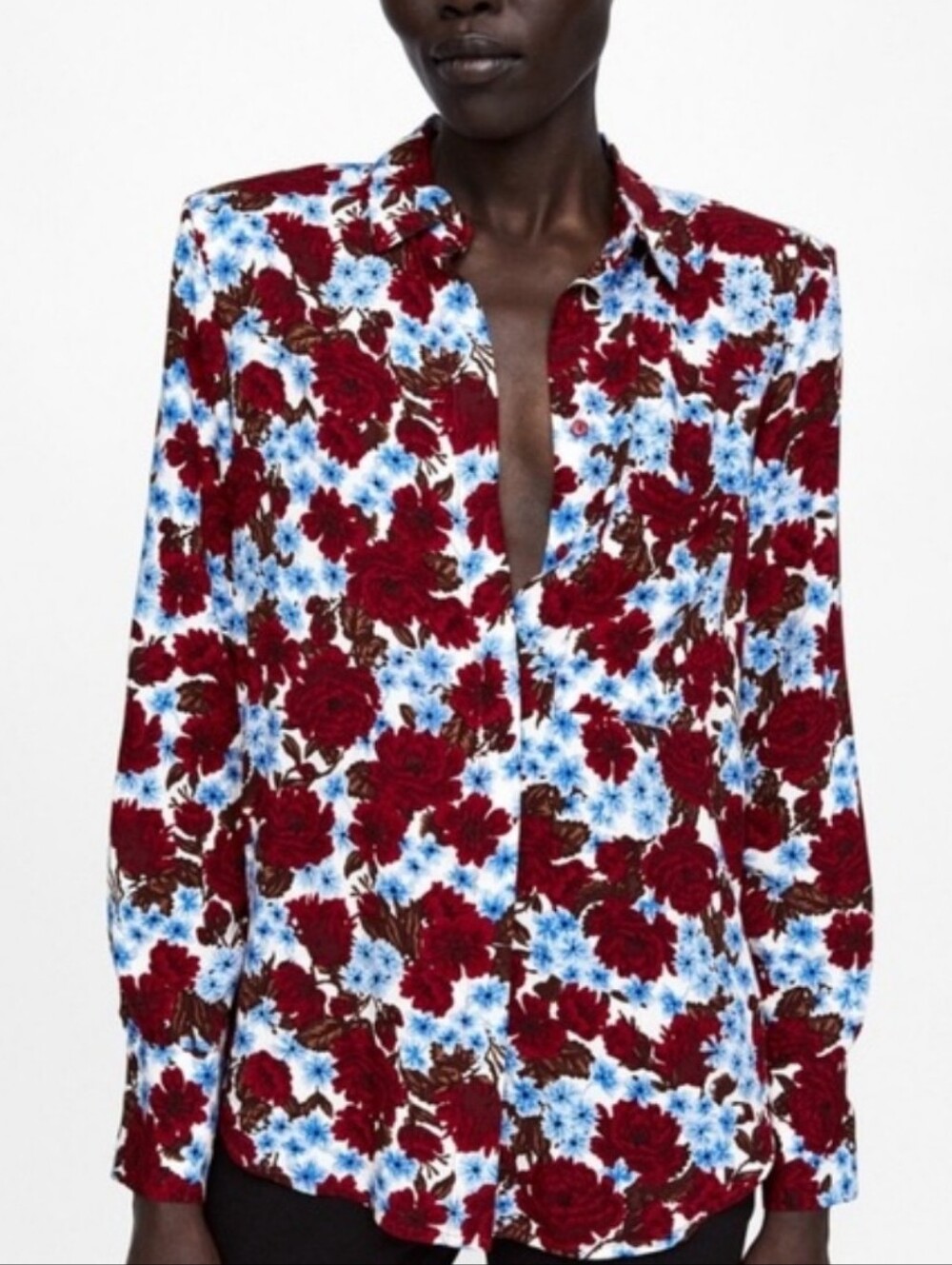 Zara Basic Floral Red White And Blue Button Up Shirt